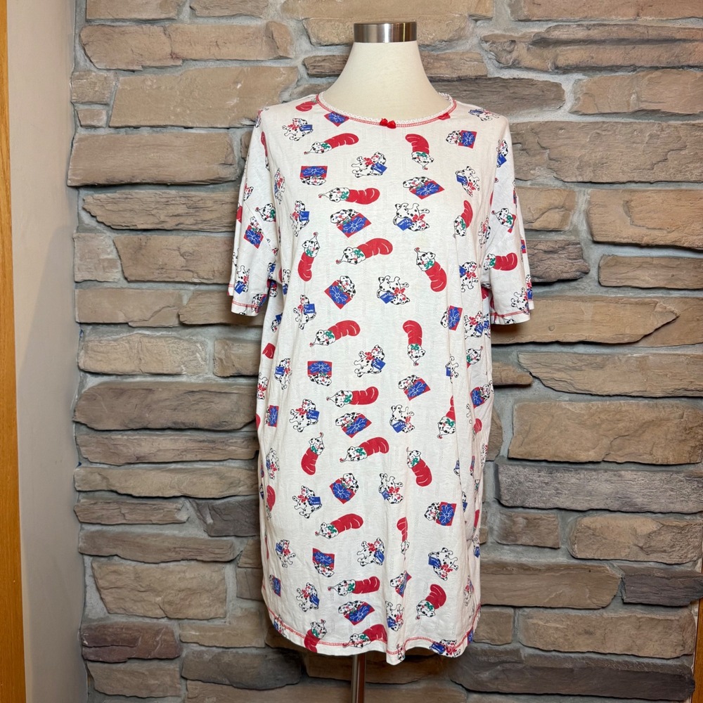Vintage Christmas Dalmatian Puppy Nightgown Womens Large Holiday Sleep Shirt 90s
